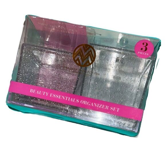 Macbeth Collection Silver Glitter Beauty Essentials Organizer Set 2 Jars & Tray - Picture 1 of 11
